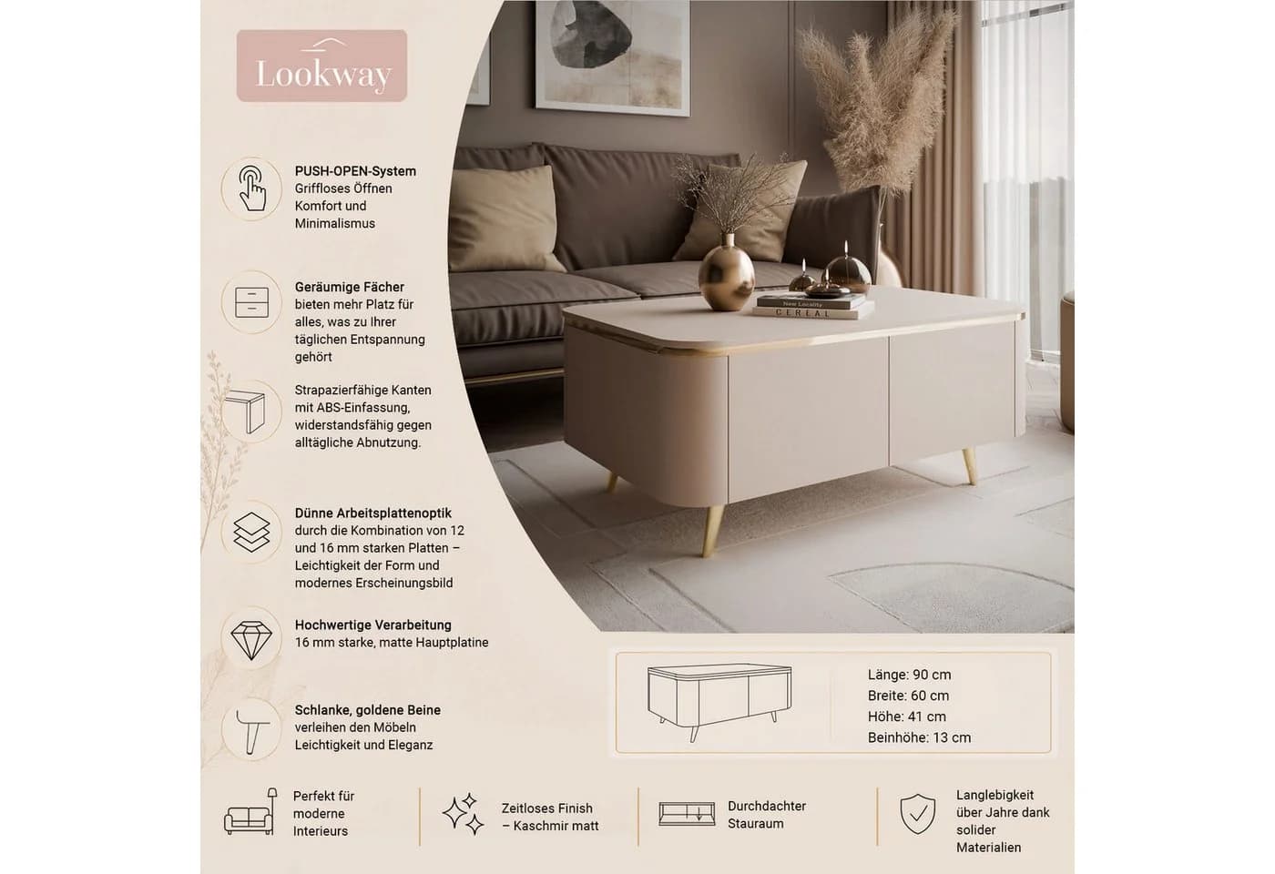 Lookway Couchtisch AVELINE Beige Gold Schräge Beinen - Bild 3