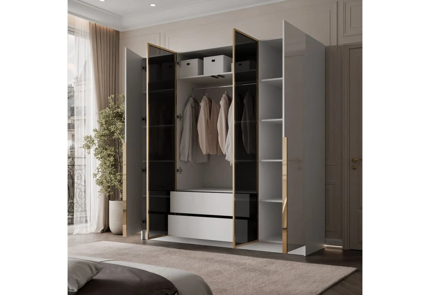 Lookway Kleiderschrank ATRIUM Weiß Hochglanz Gold Akzente - Bild 3