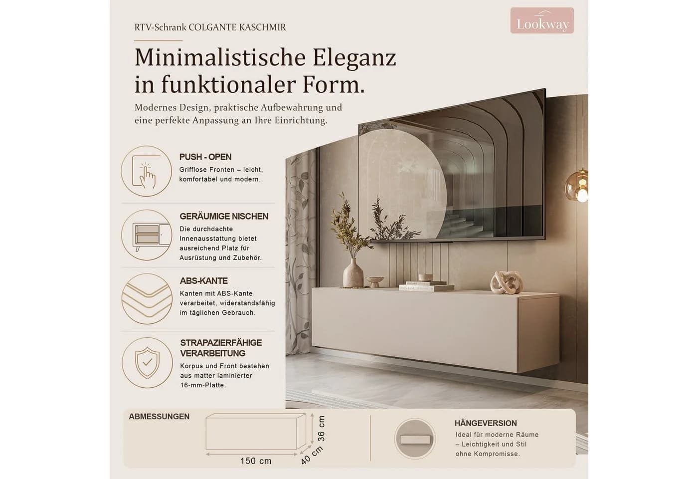 Lookway TV-Schrank COLGANTE Hängeschrank Kaschmir PUSH-OPEN - Bild 3