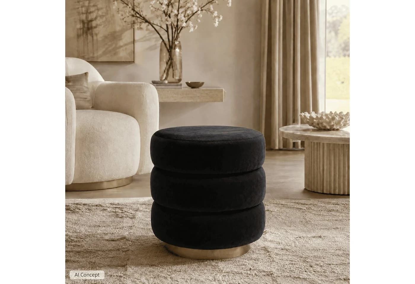 Lookway Pouf LUCIA Glamour-Stil mit goldenem Sockel Schwarz