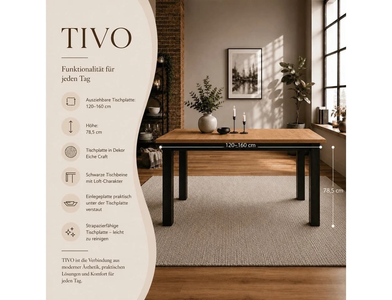 Lookway Esstisch TIVO ausziehbar 120-160 cm Craft-Eiche/Schwarz - Bild 3