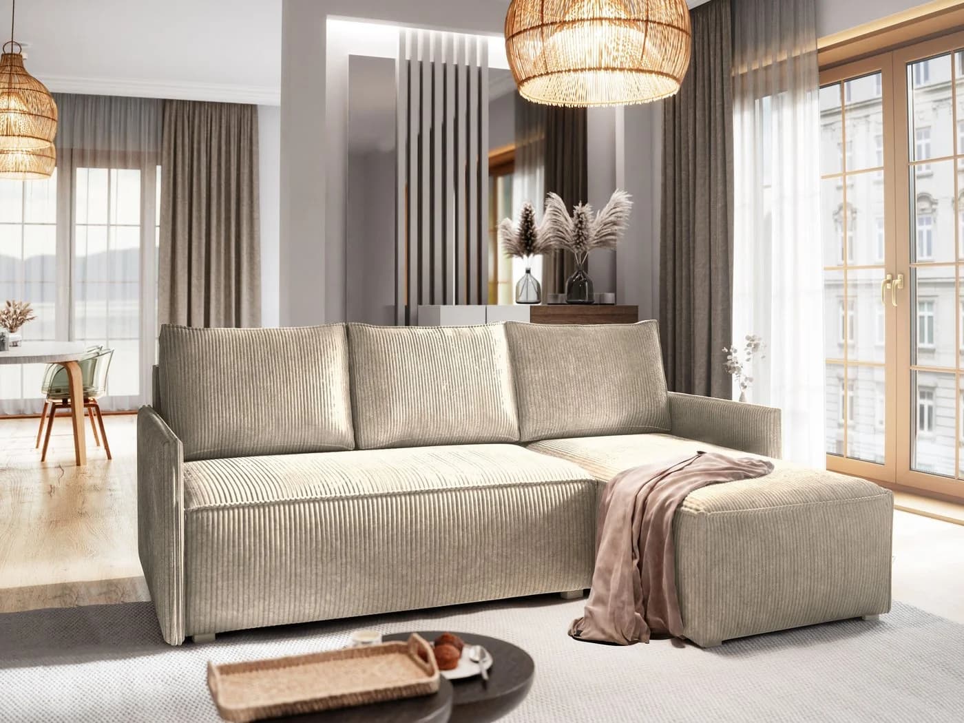 Masseno Ecksofa PERUSI L-Form mit Schlaffunktion und Bettkasten beige - Bild 2