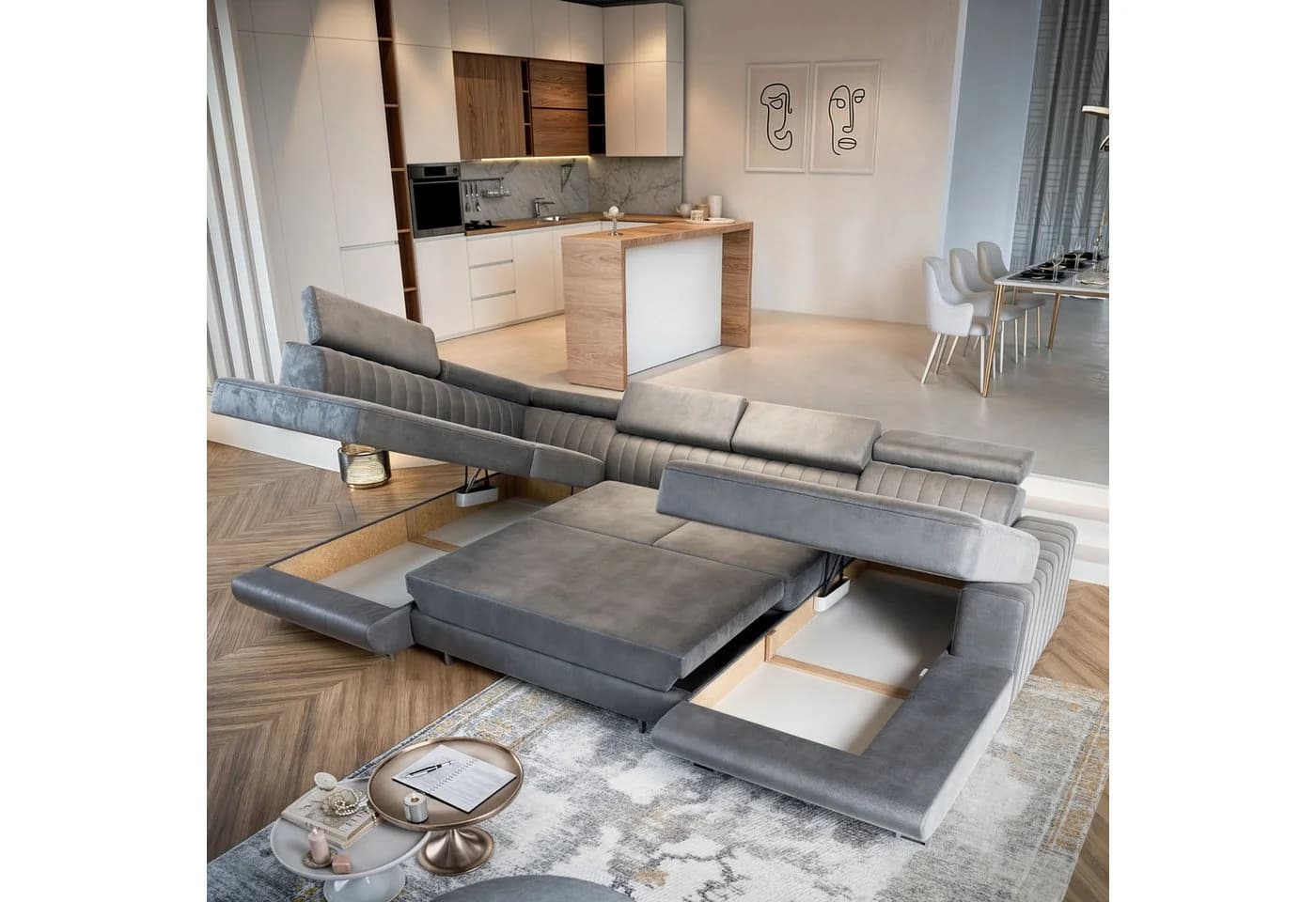 Masseno Ecksofa SIENA U-Form mit Schlaffunktion und Bettkasten Grau - Bild 4