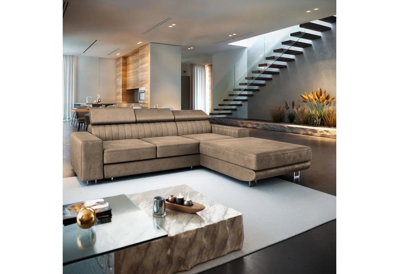 Masseno Ecksofa NOTO L-Form mit Schlaffunktion und Bettkasten Beige - Bild 2