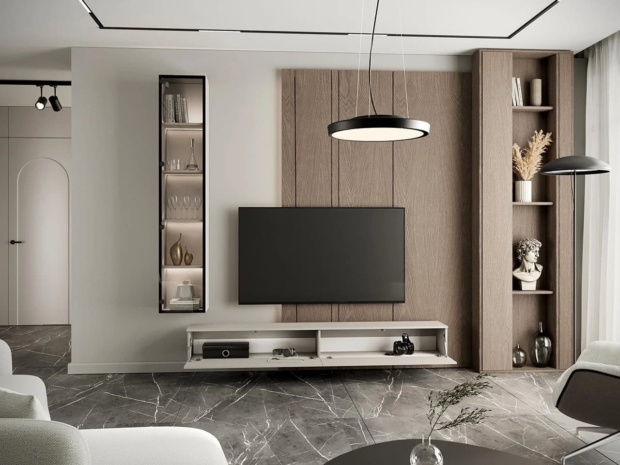 MOEBLINE Wohnwand FIVO 2 Kaschmir TV-Lowboard Vitrine Set