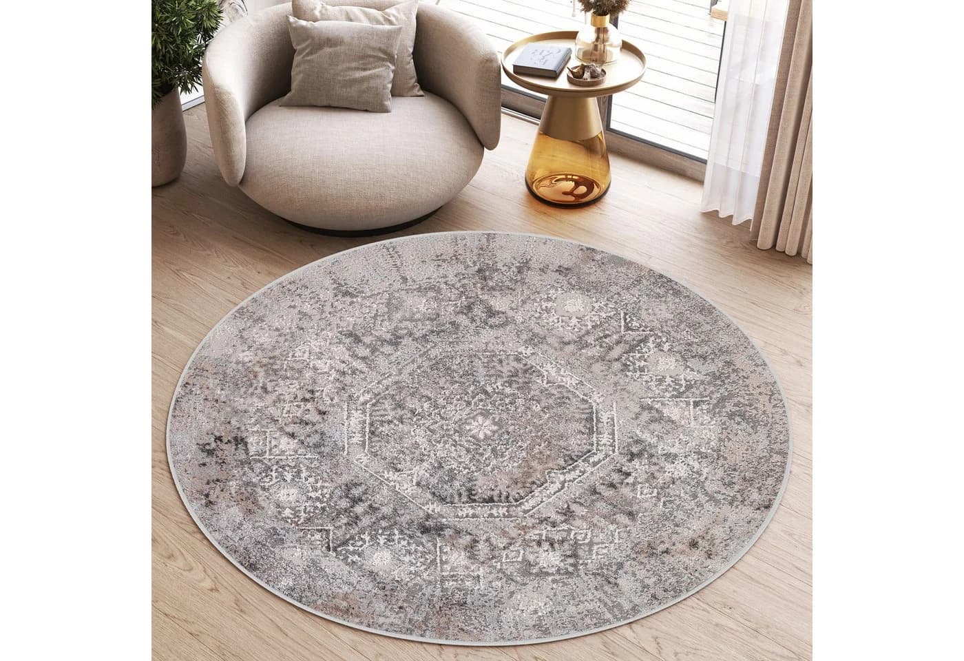 Tapiso Teppich VALLEY Rund Hellgrau Vintage Kurzflor