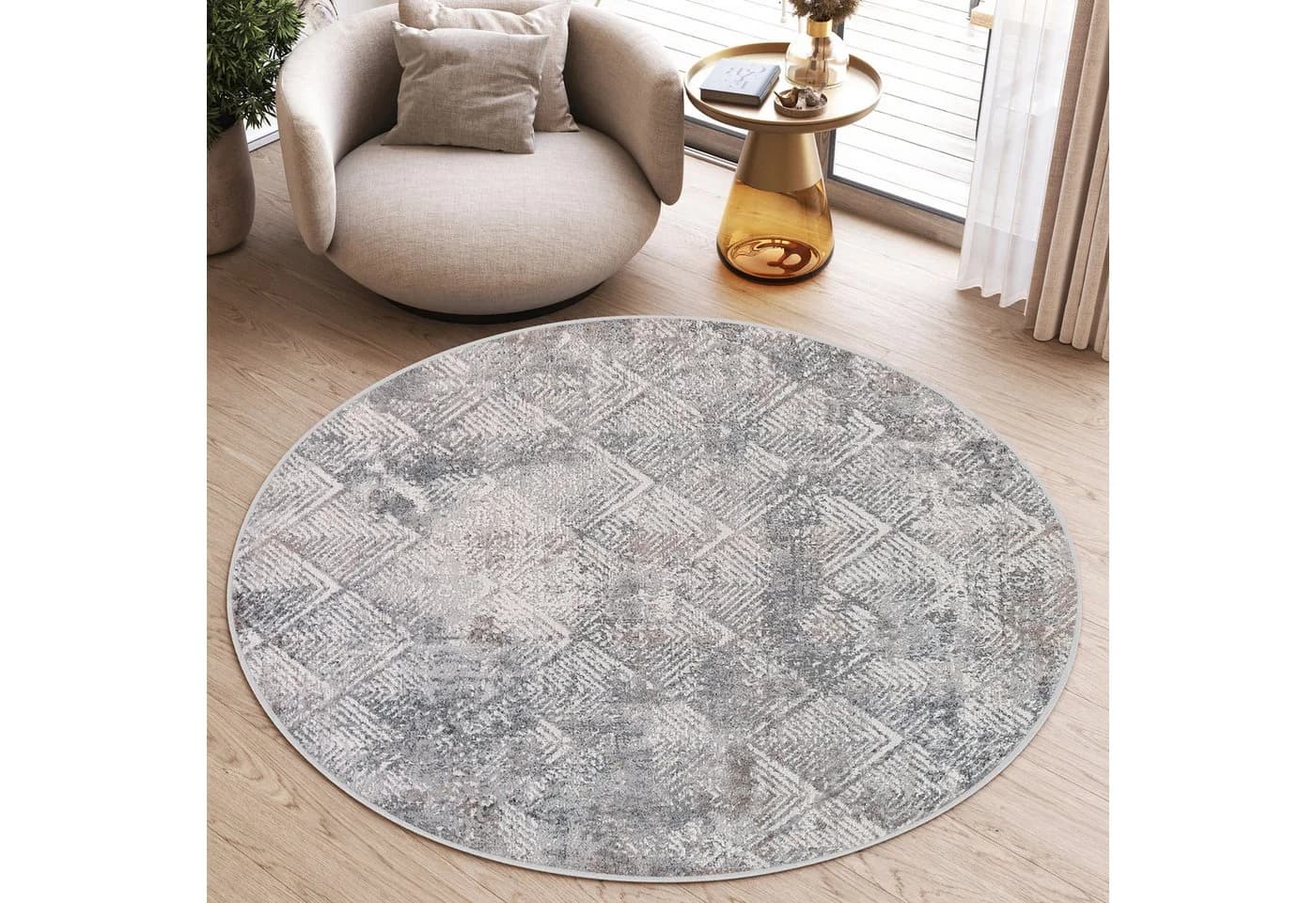 Tapiso Teppich VALLEY Rund Hellgrau Vintage Kurzflor