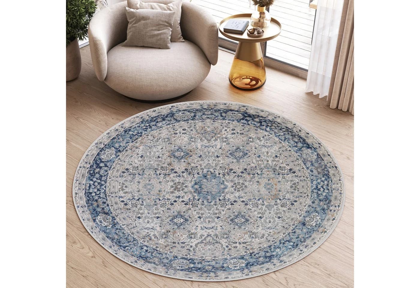 Tapiso Teppich VALLEY Rund 9 mm Blau Vintage Wohnzimmer Schlafzimmer