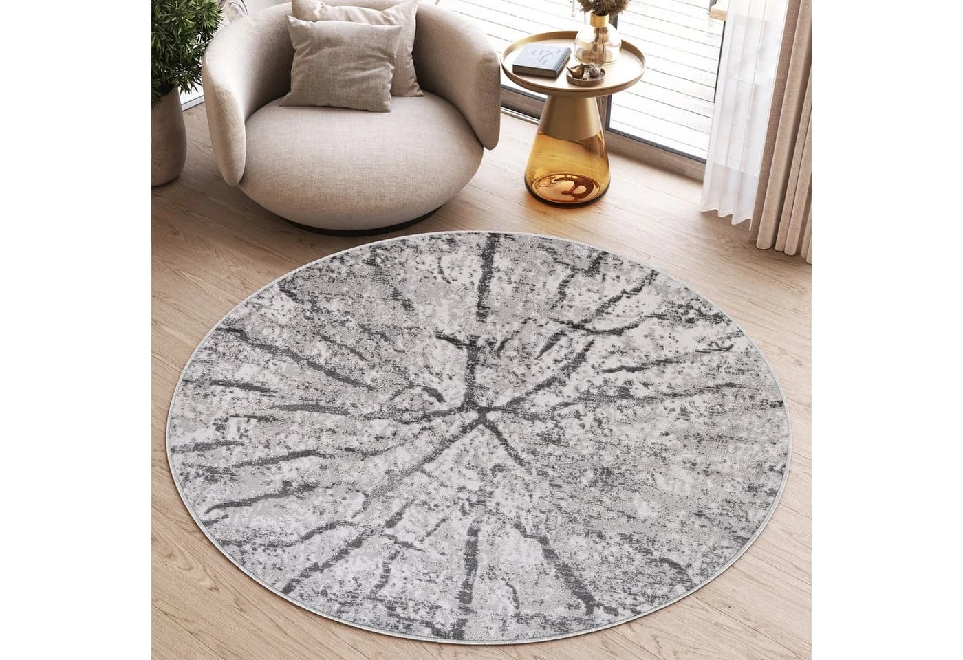 Tapiso Teppich SKY rund Glanzflor Blau/Grau/Creme