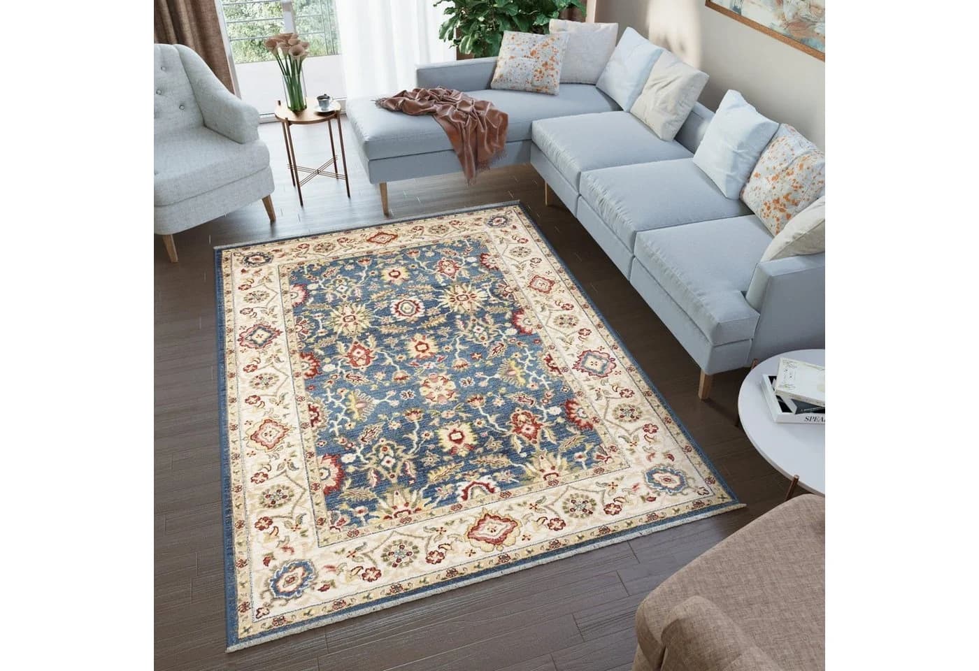 Tapiso Teppich RIVIOLI Blau Kurzflor Fransen