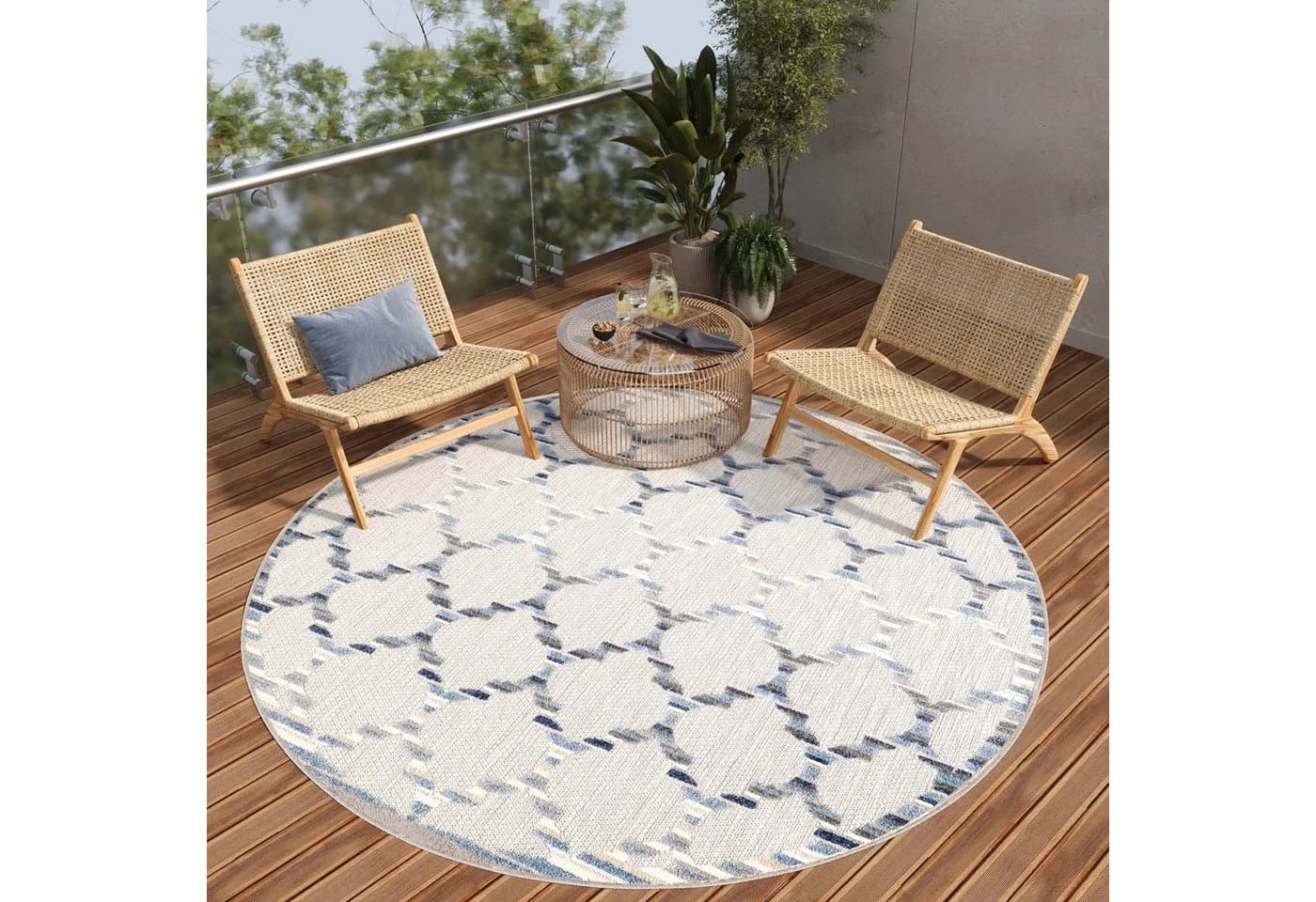 Tapiso Outdoorteppich PATIO Rund Blau Grau Kunstfaser