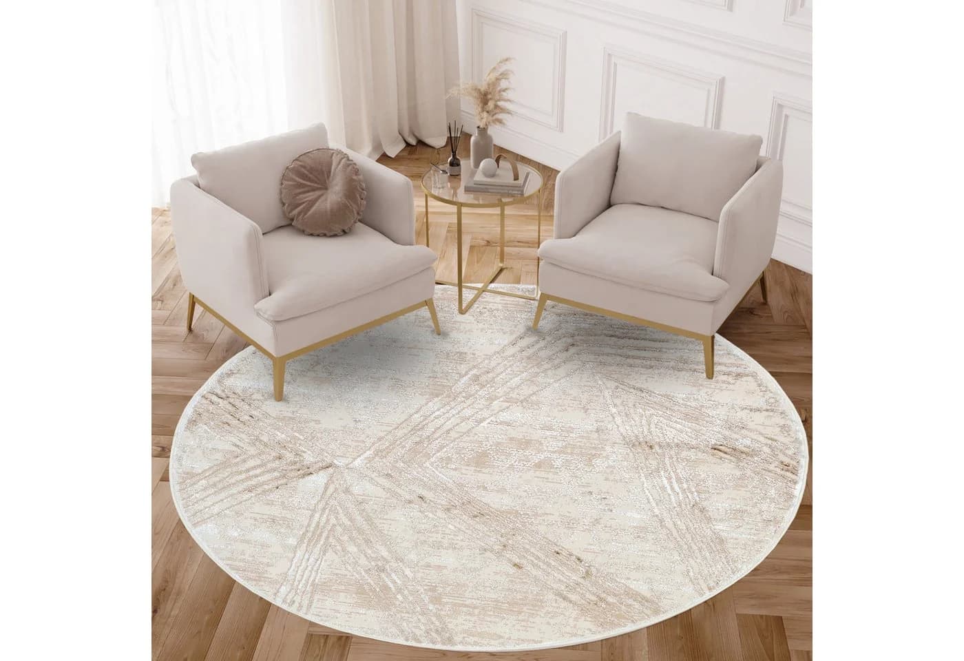 Tapiso Teppich CRYSTAL Rund Creme Modern 3D Effekt