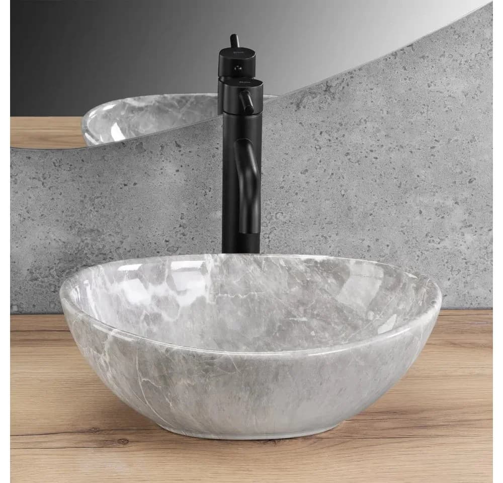 wohnwerk.idee Aufsatzwaschbecken Marmoroptik Oval Grau Glanz Keramik - Bild 3