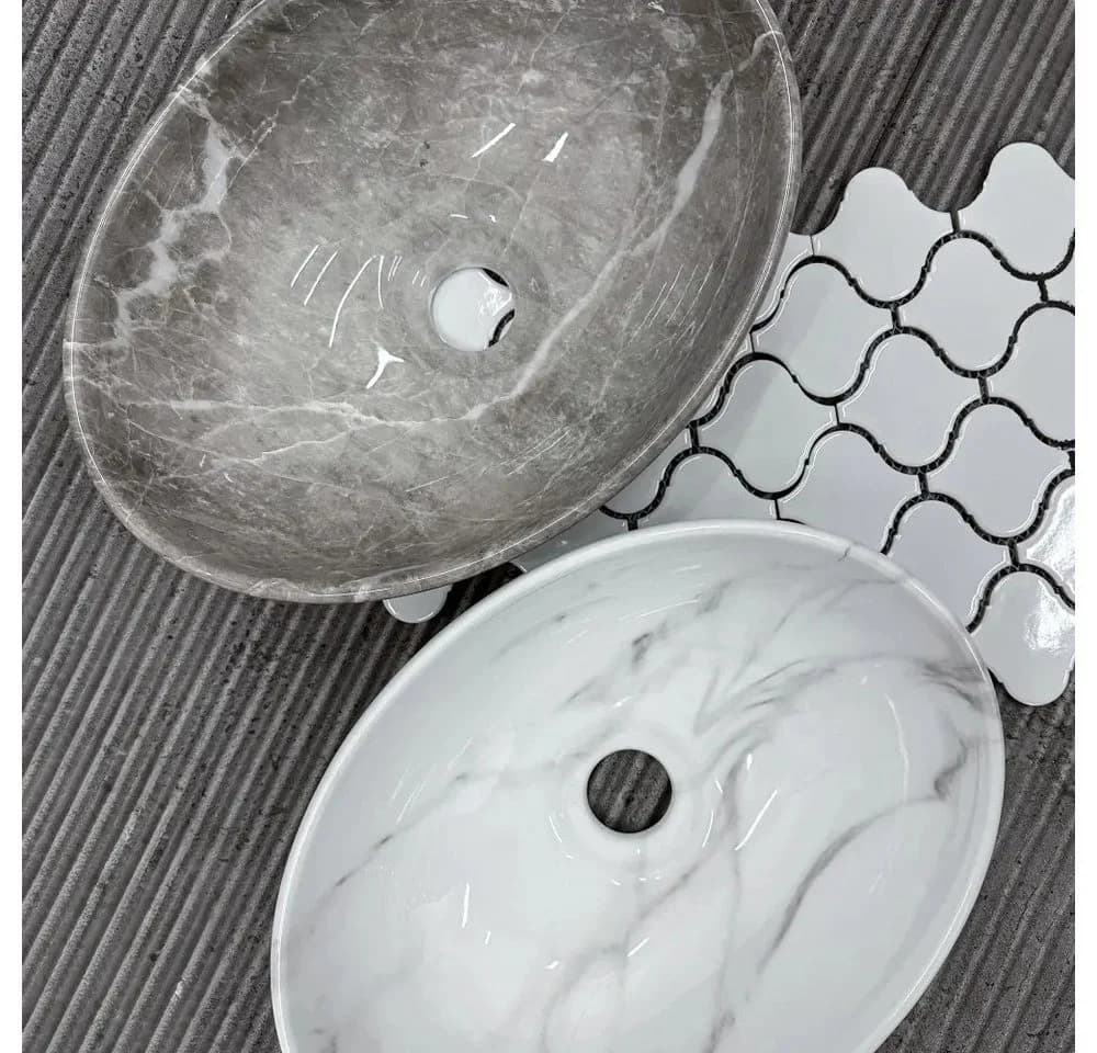 wohnwerk.idee Aufsatzwaschbecken Marmoroptik Oval Grau Glanz Keramik - Bild 5