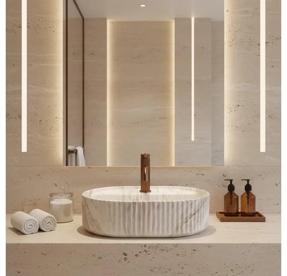 wohnwerk.idee Aufsatzwaschbecken Oval Geriffelt Keramik Design