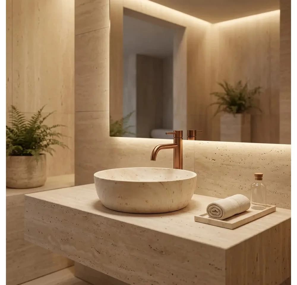 wohnwerk.idee Aufsatzwaschbecken Beige Oval Naturstein Optik
