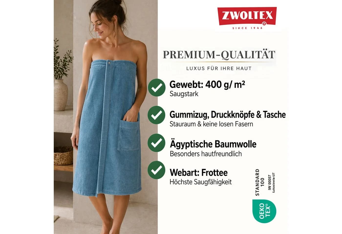 Zwoltex Saunatuch Druckknopf Saunakilt Pareo Damen Blau Baumwolle