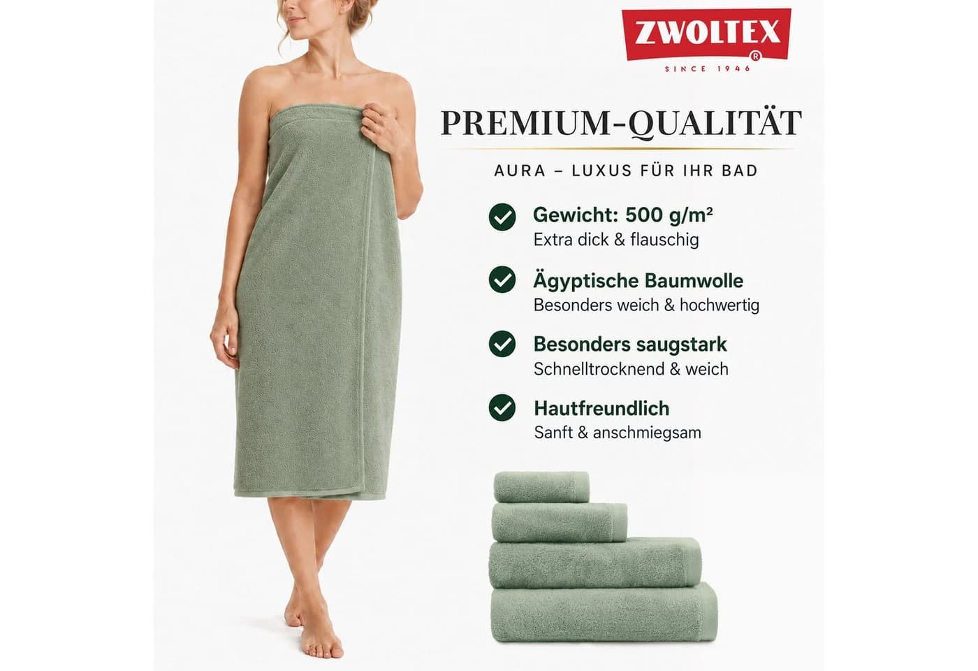 Zwoltex Handtuch Set AURA 500 g/m² Floral Grün