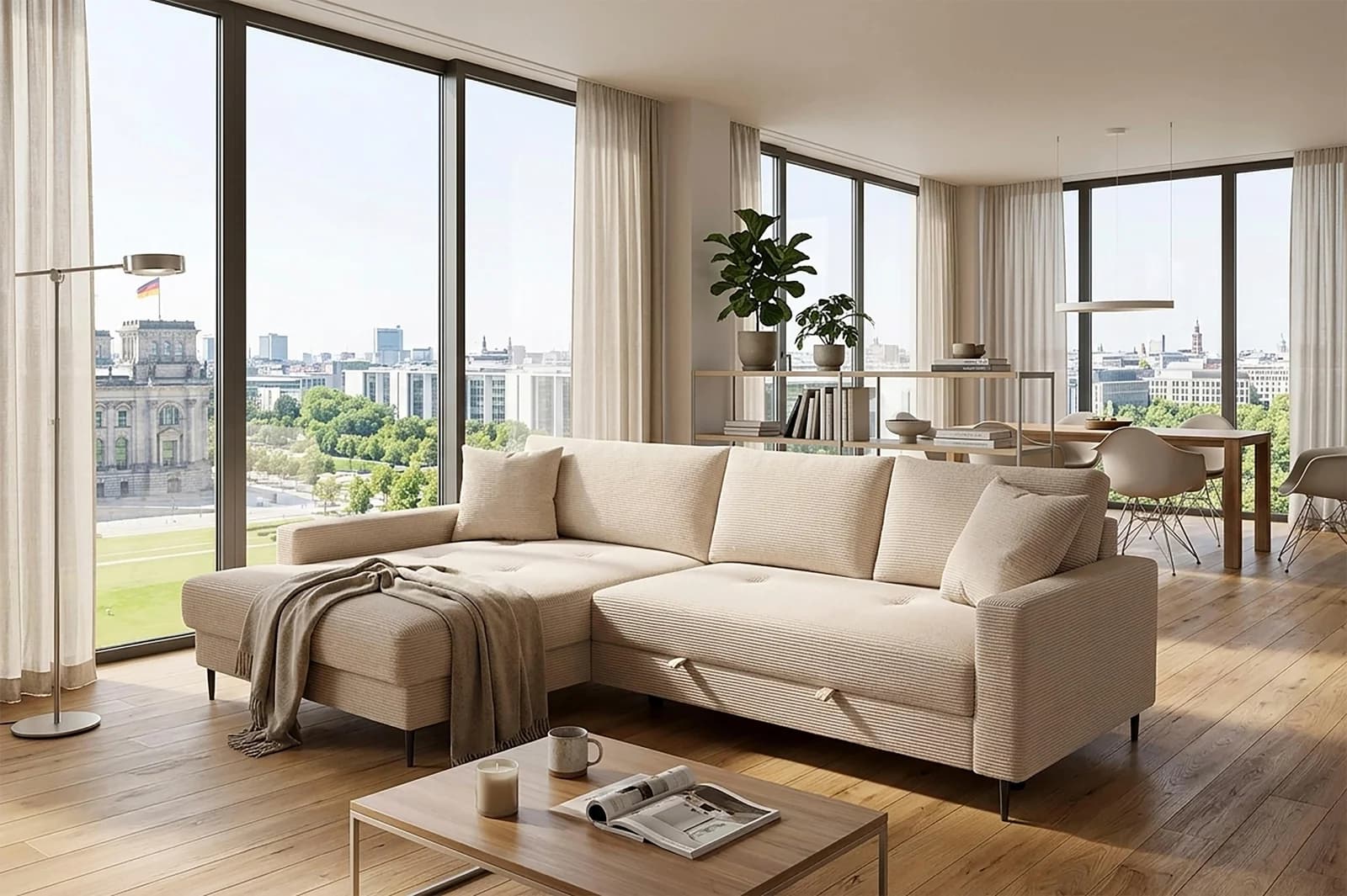 Ecksofa Summer L-Form mit Schlaffunktion und Recamiere Beige