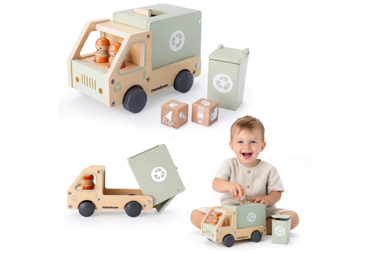 Mamabrum Müllauto Holz Recycling LKW mit Zubehör Kinder - Bild 2