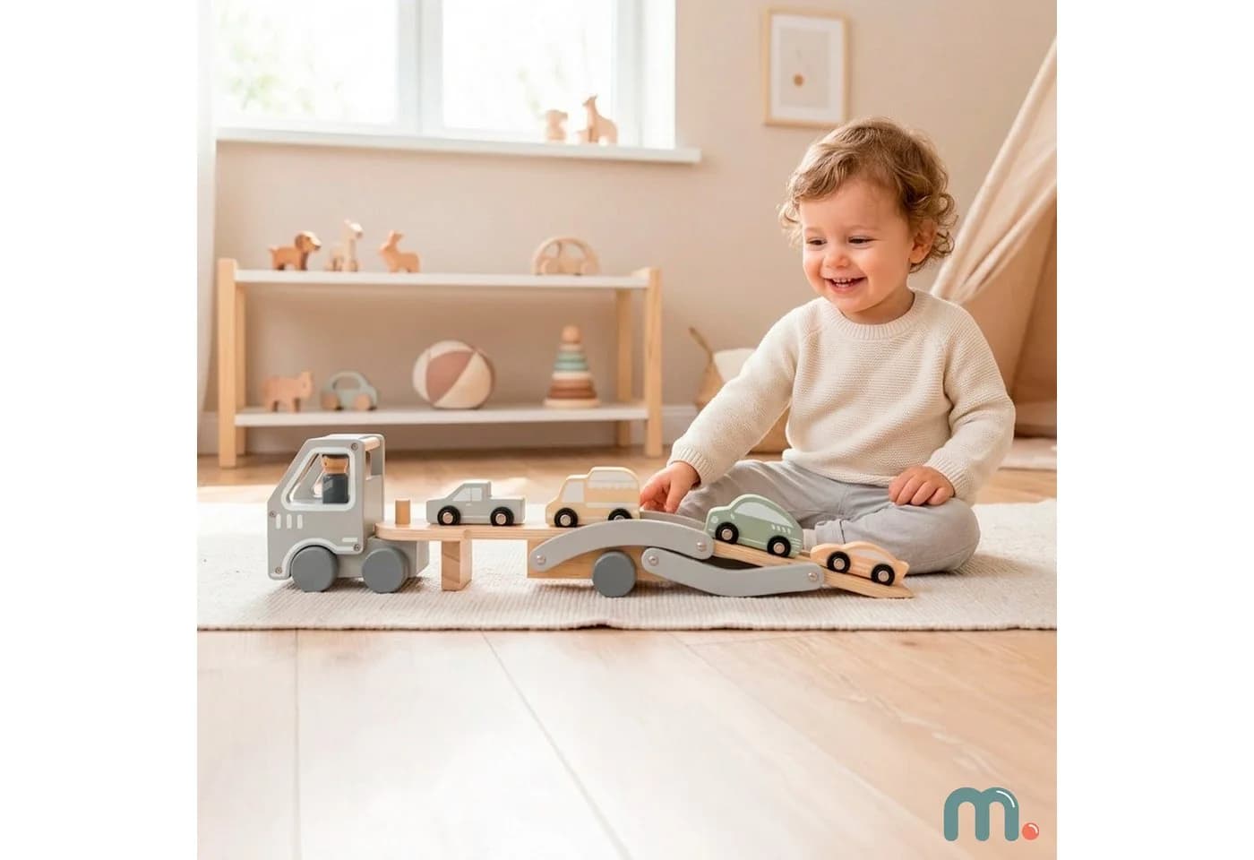 Mamabrum Holz Autotransporter mit 4 Autos & Fahrerfigur - Bild 3