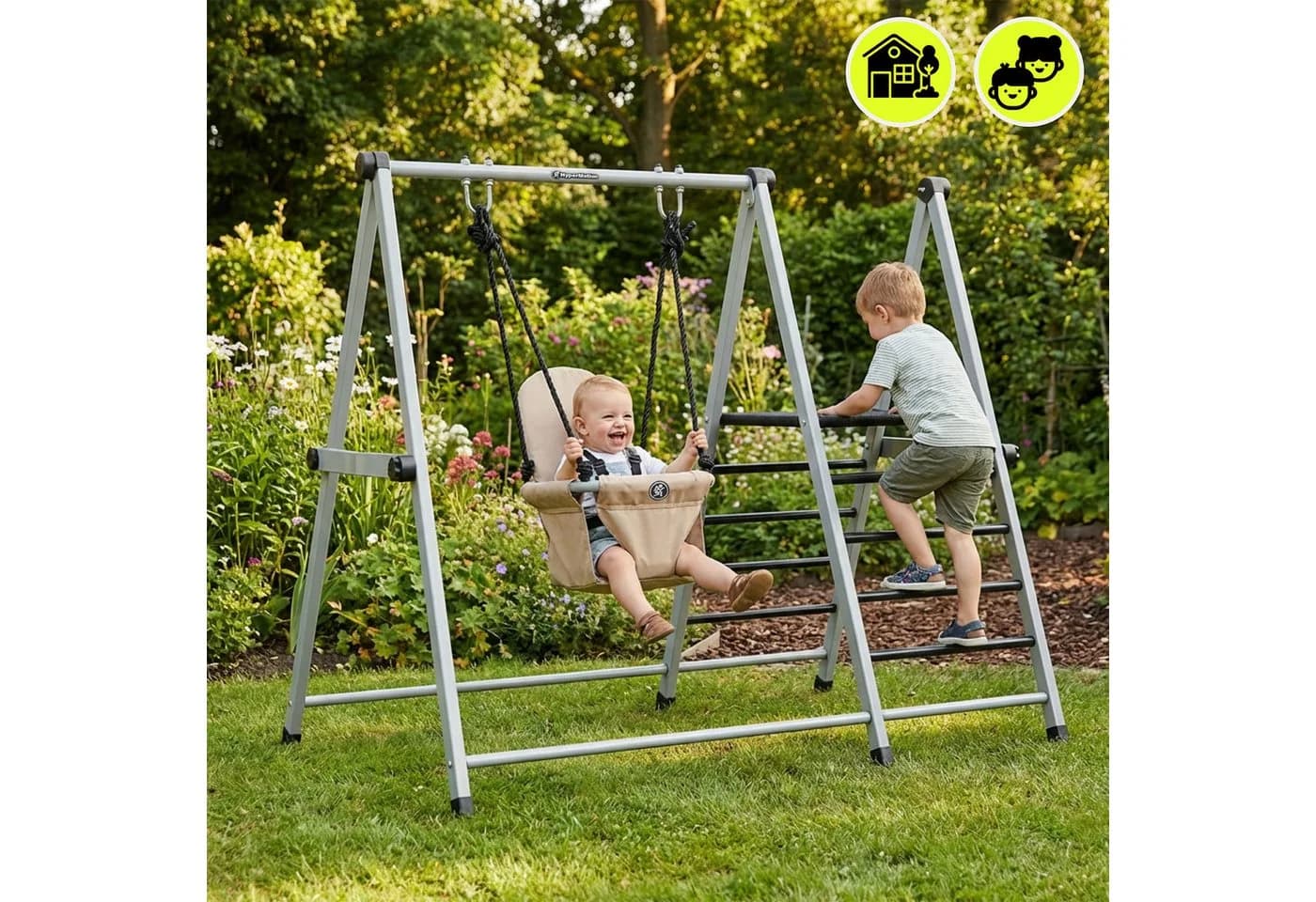 HyperMotion Babyschaukel 2in1 mit Leiter klappbar Grau/Beige - Bild 3