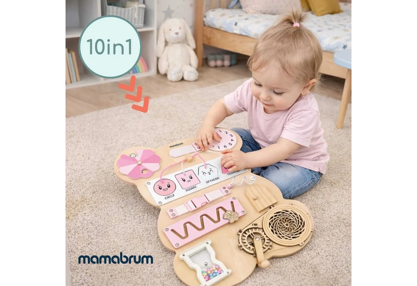 Mamabrum Montessori Motorikbrett Teddy Rosa aus Holz - Bild 3