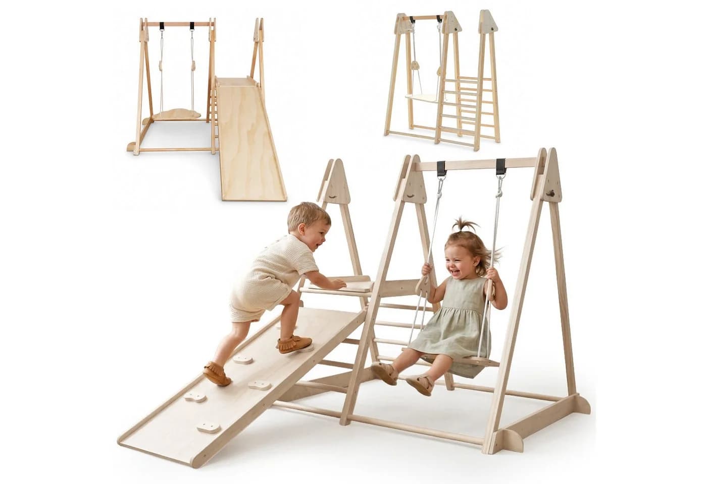 Mamabrum Indoor Spielplatz Holz mit Rutsche, Schaukel & Kletterwand - Bild 2