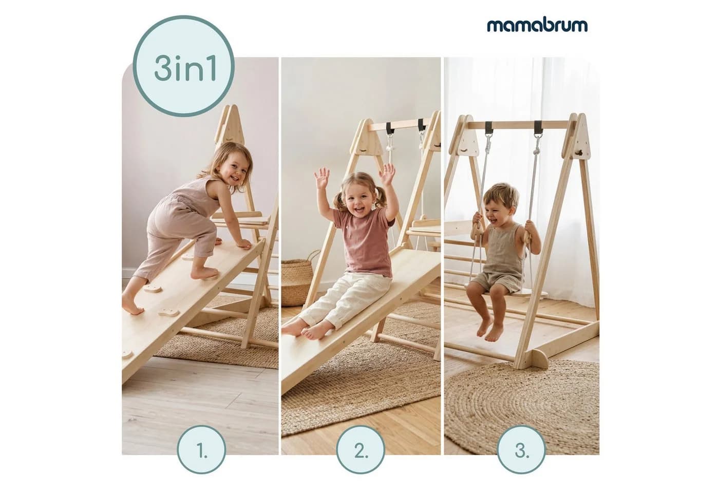 Mamabrum Indoor Spielplatz Holz mit Rutsche, Schaukel & Kletterwand - Bild 3