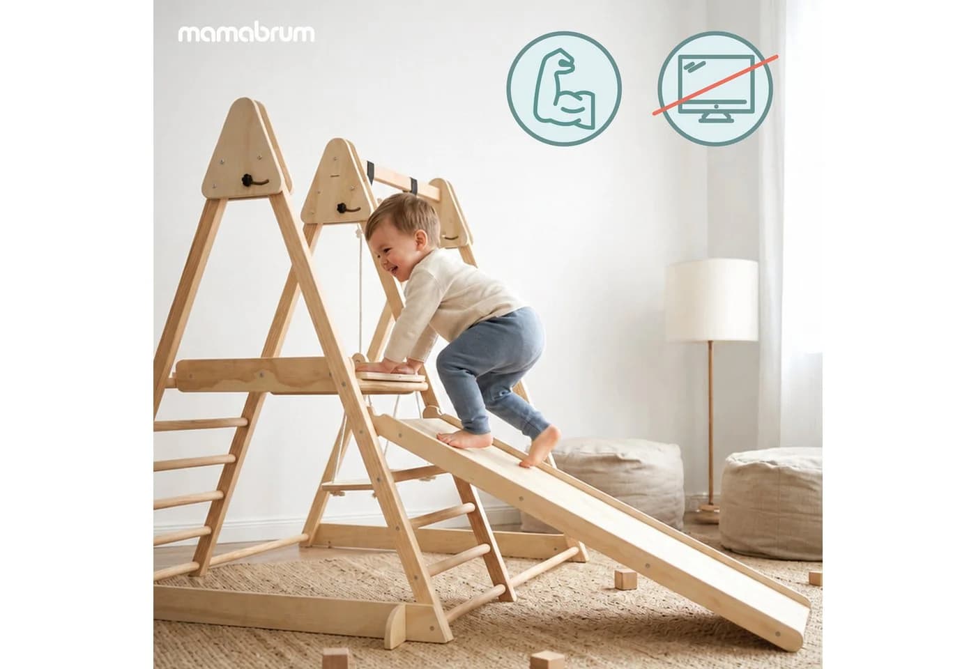 Mamabrum Indoor Spielplatz Holz mit Rutsche, Schaukel & Kletterwand - Bild 4