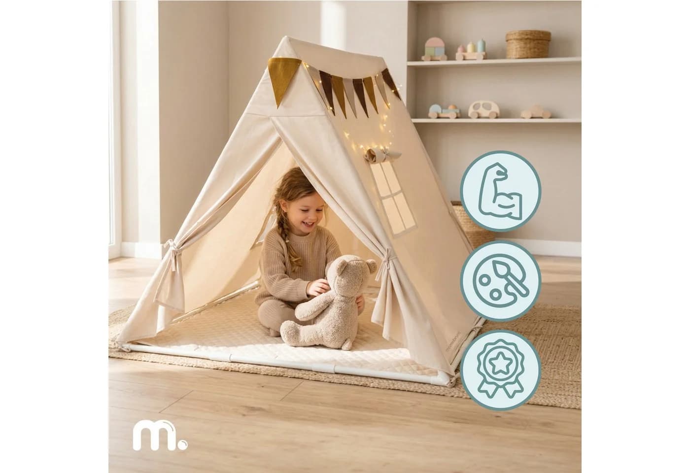 Mamabrum Tipi Zelt für Kinder mit Matte, LED-Lichterkette & Wimpel