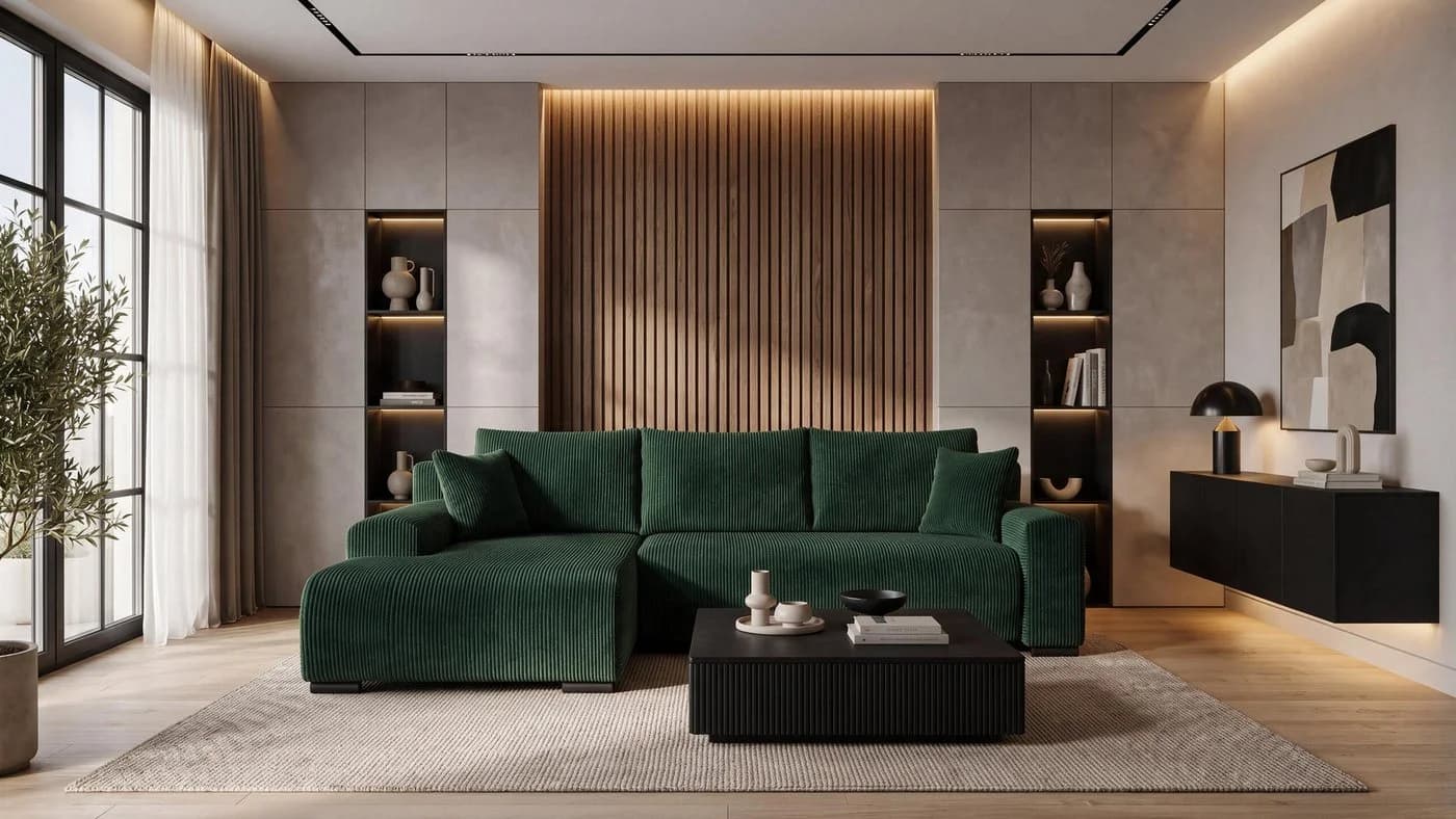 storez24 Ecksofa Soffe mit Schlaffunktion und Bettkasten, Cordstoff Grün - Bild 2