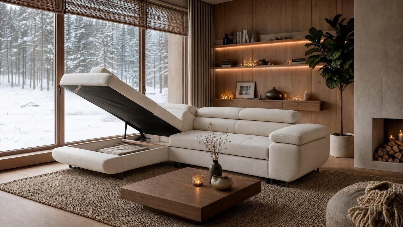 storez24 Ecksofa Velmo Beige mit Schlaffunktion und Bettkasten - Bild 3