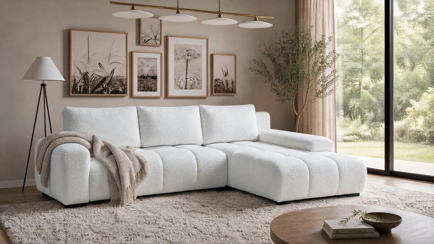 storez24 Ecksofa Ovia mit Schlaffunktion und Bettkasten Bouclé Weiß