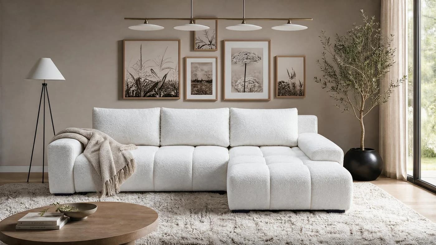 storez24 Ecksofa Ovia mit Schlaffunktion und Bettkasten Bouclé Weiß - Bild 2