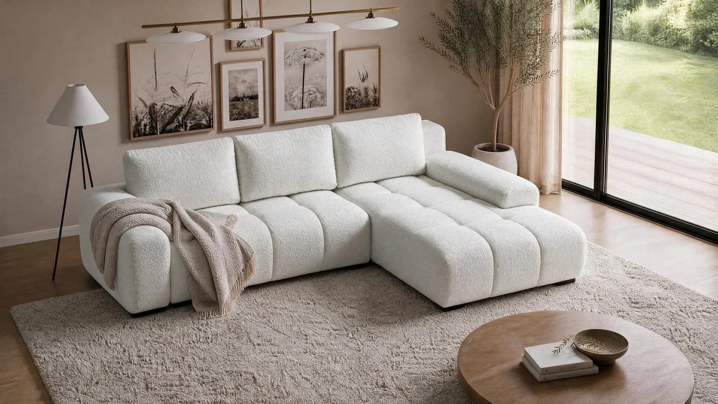 storez24 Ecksofa Ovia mit Schlaffunktion und Bettkasten Bouclé Weiß - Bild 3
