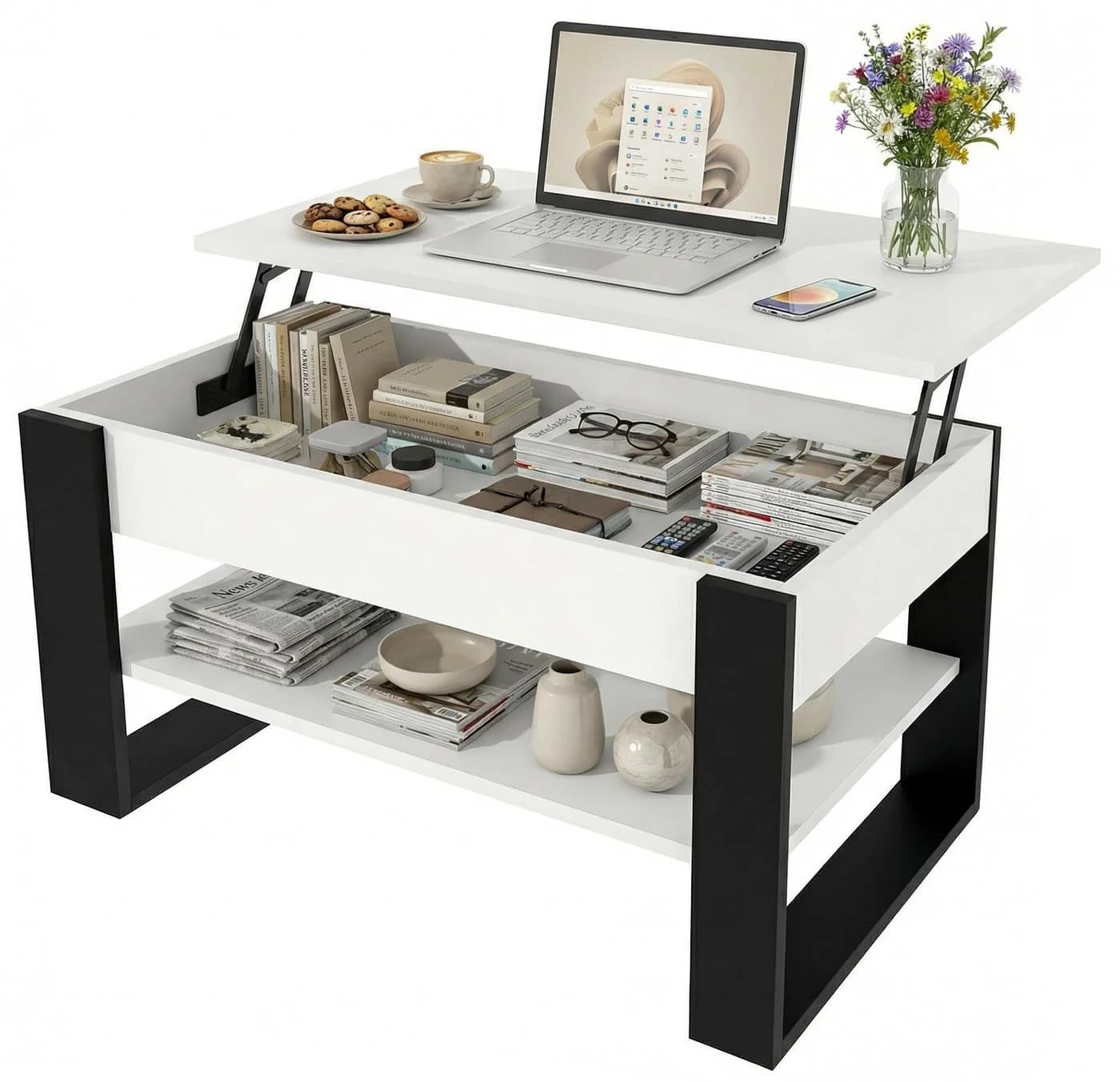 TREND WERK Lift-Couchtisch höhenverstellbar mit Stauraum Weiß/Schwarz - Bild 2