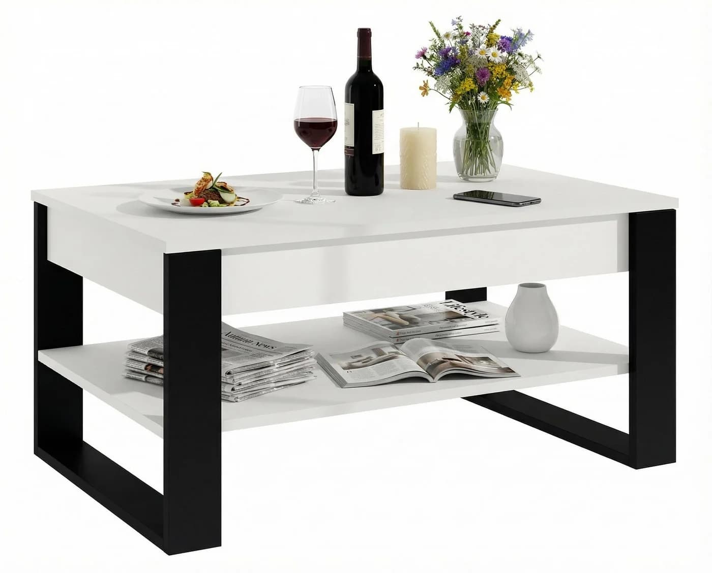 TREND WERK Lift-Couchtisch höhenverstellbar mit Stauraum Weiß/Schwarz - Bild 3