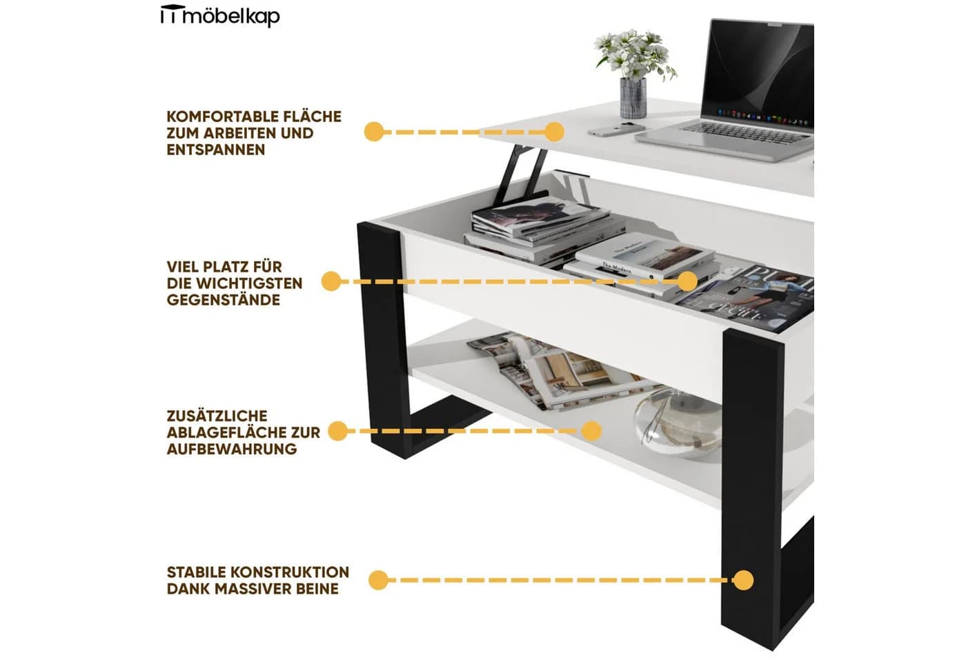 TREND WERK Lift-Couchtisch höhenverstellbar mit Stauraum Weiß/Schwarz - Bild 4