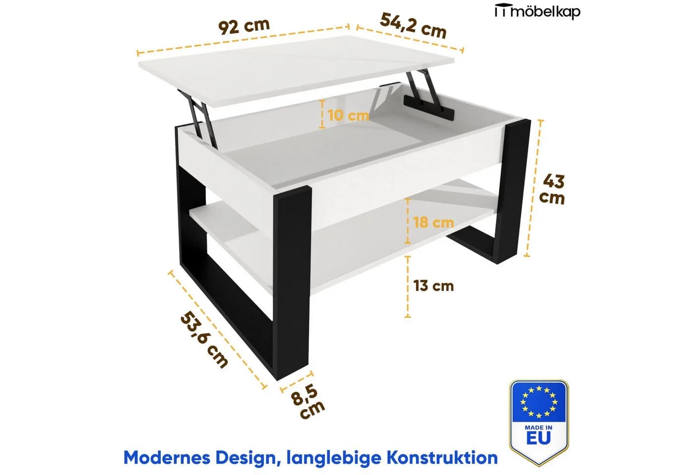 TREND WERK Lift-Couchtisch höhenverstellbar mit Stauraum Weiß/Schwarz - Bild 5