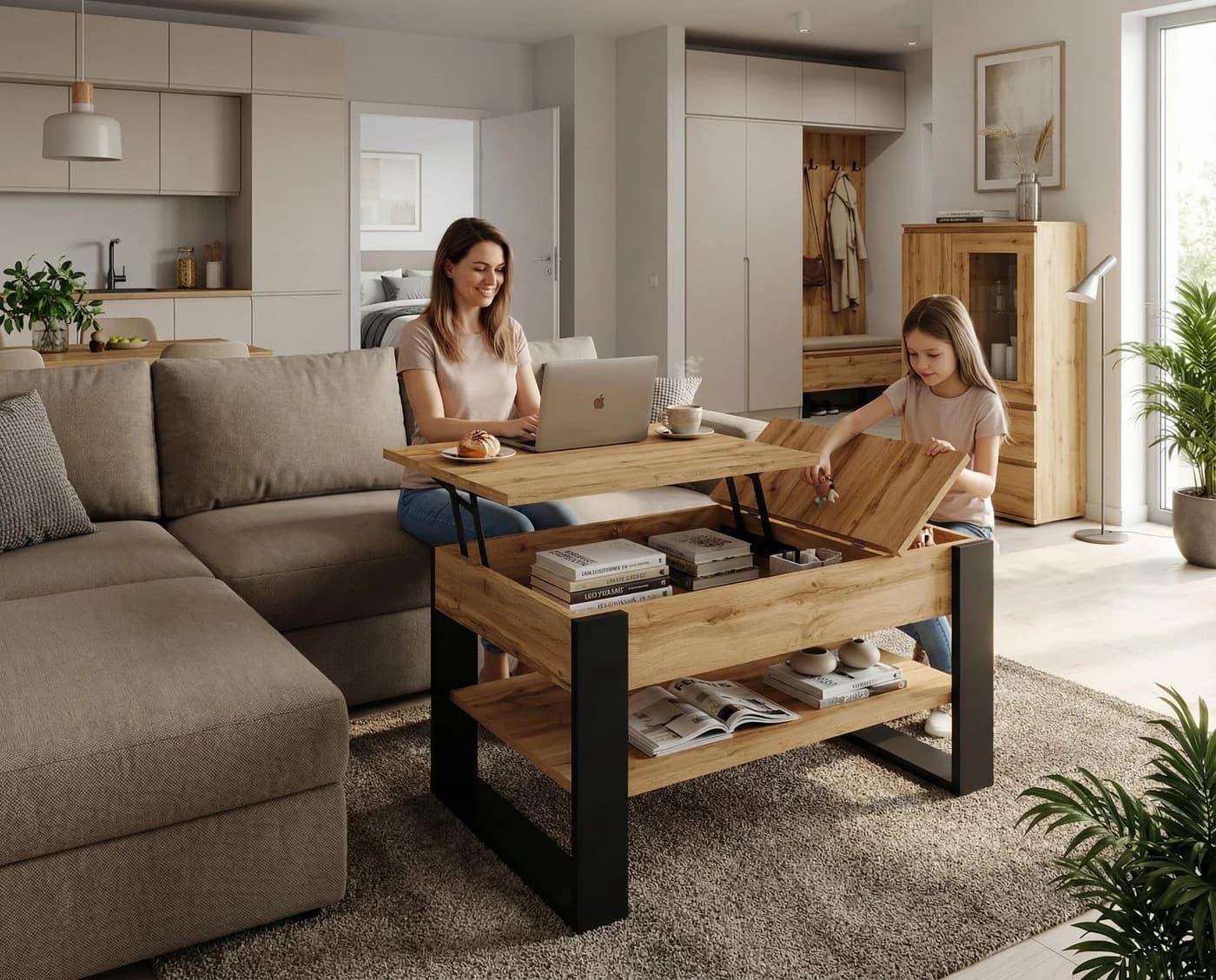 TREND WERK Lift-Couchtisch höhenverstellbar mit Stauraum Eiche Wotan/Schwarz - Bild 5