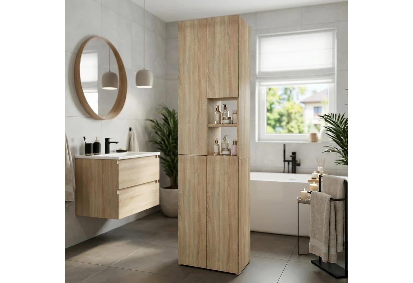 TREND WERK Badschrank Hochschrank schmal Holzoptik Eiche Sonoma - Bild 5