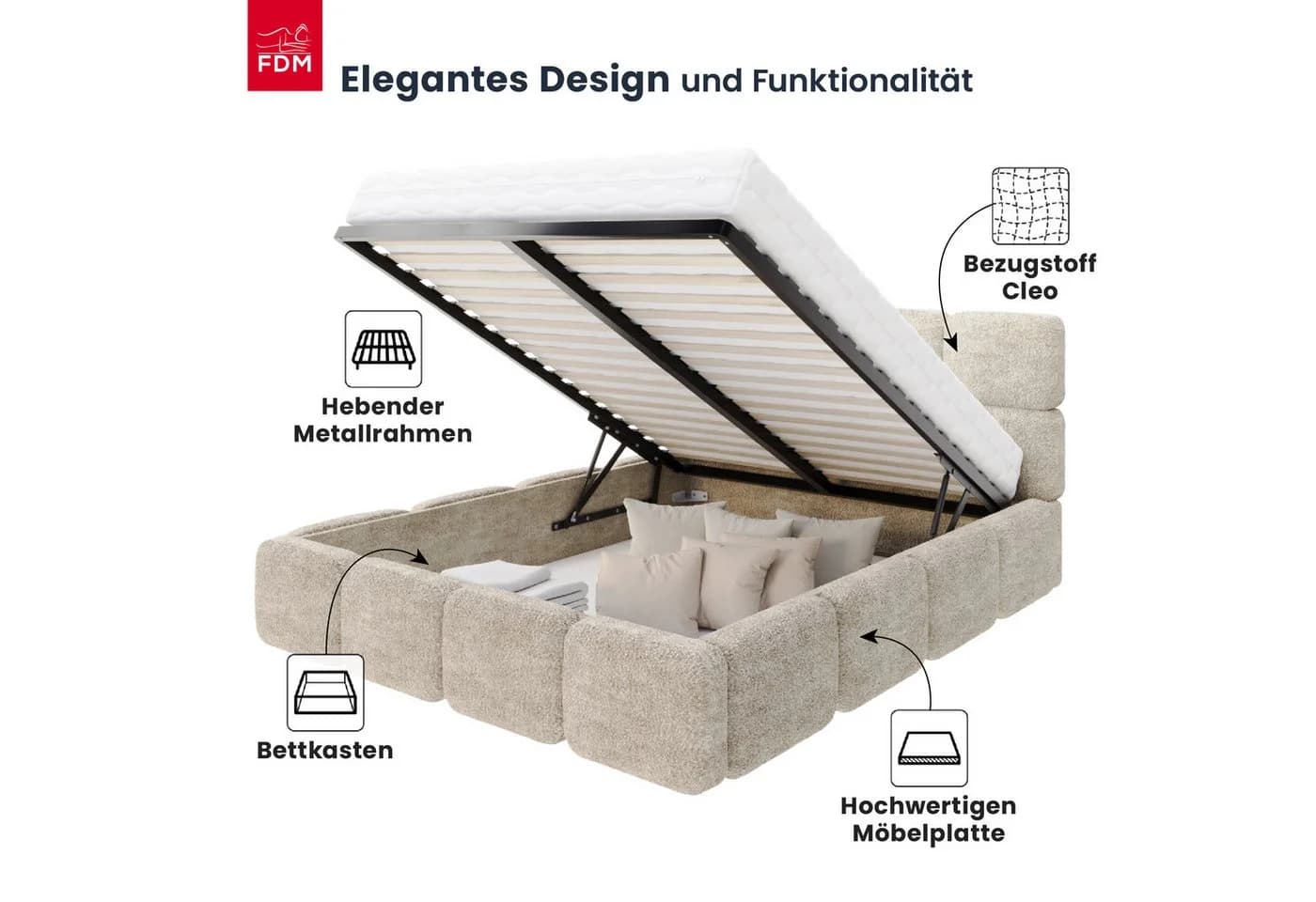 FDM Polsterbett CLOUDY Beige mit Bettkasten und gepolstertem Kopfteil - Bild 3
