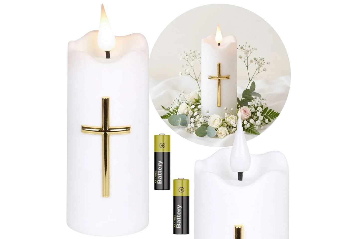 Sarcia.eu LED-Kerze Weiß mit Kreuz, Flammeneffekt und Batterien, 13 cm - Bild 2