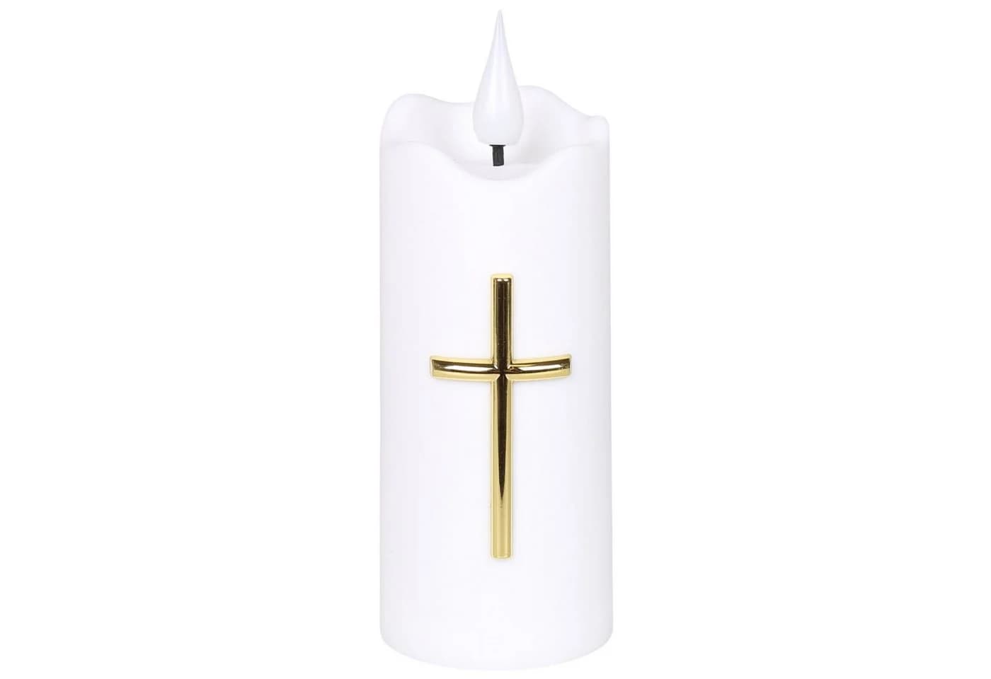 Sarcia.eu LED-Kerze Weiß mit Kreuz, Flammeneffekt und Batterien, 13 cm - Bild 3