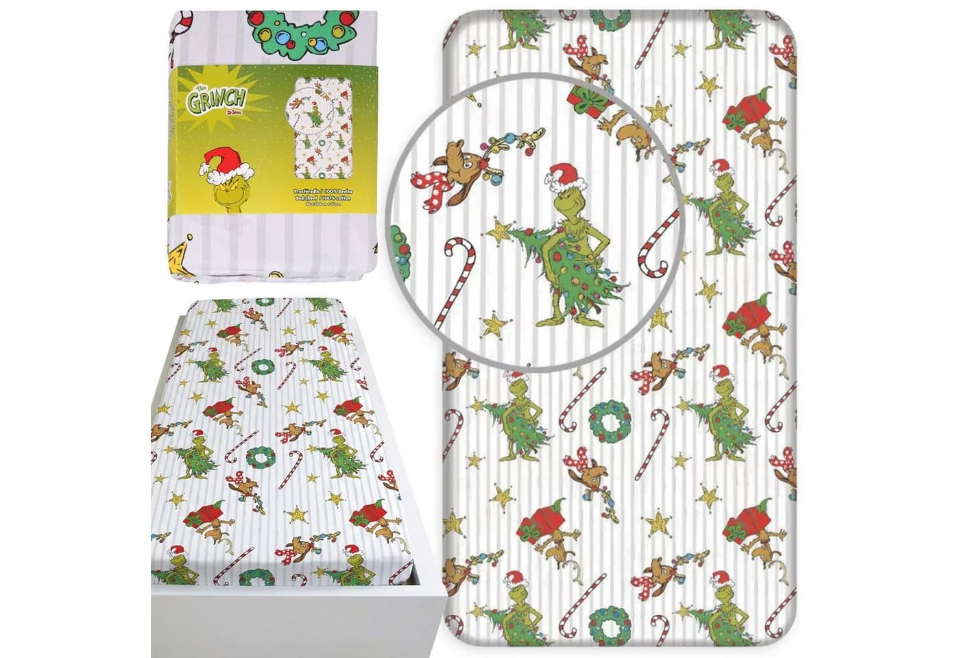Sarcia.eu Spannbettlaken Grinch Weihnachts-Motiv 100 % Baumwolle - Bild 2