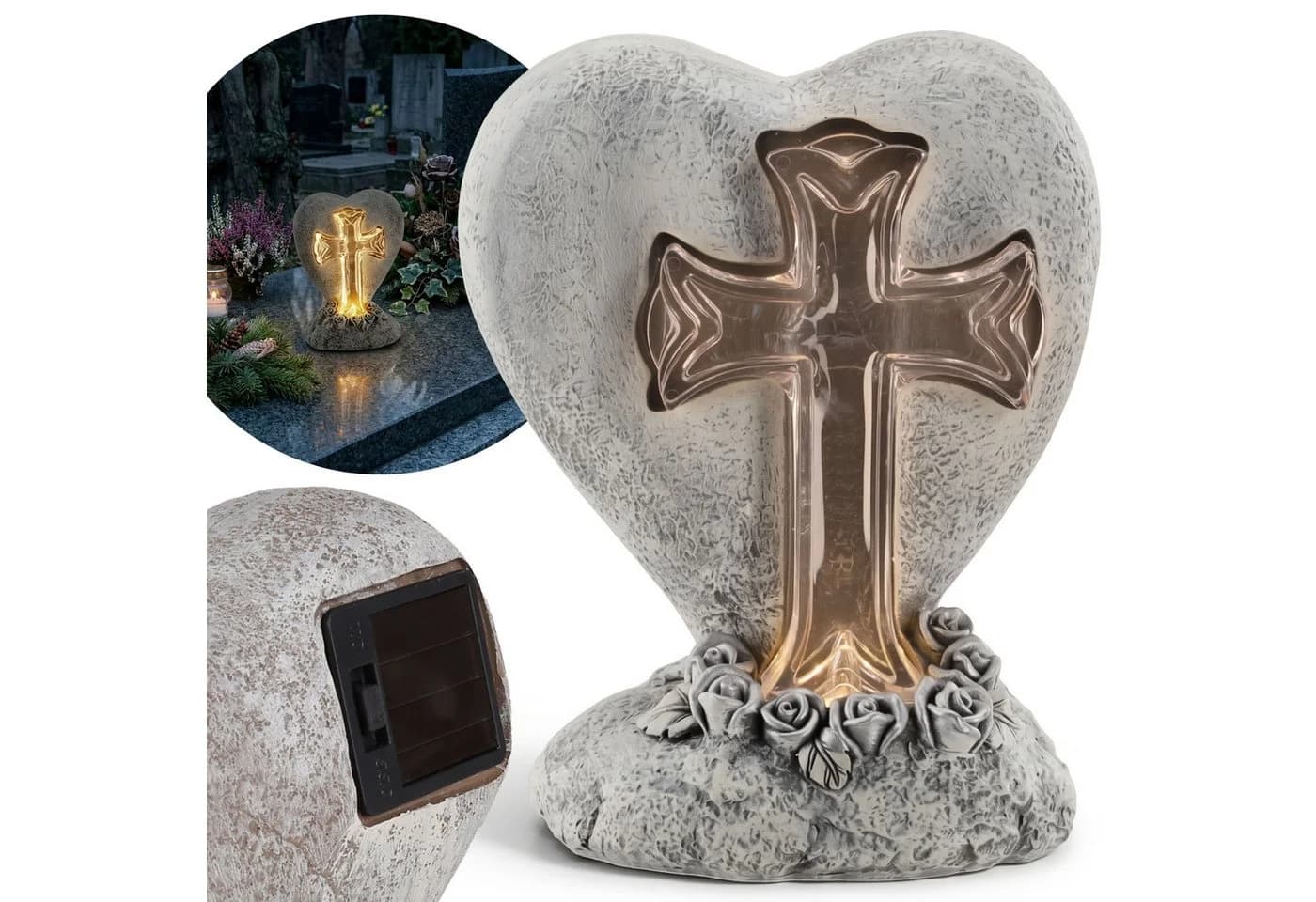 Sarcia.eu Grabkerze Grabfigur STEINKREUZ mit Solar-LED, HERZ - Bild 2