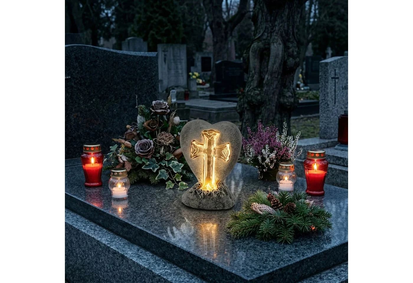 Sarcia.eu Grabkerze Grabfigur STEINKREUZ mit Solar-LED, HERZ - Bild 4
