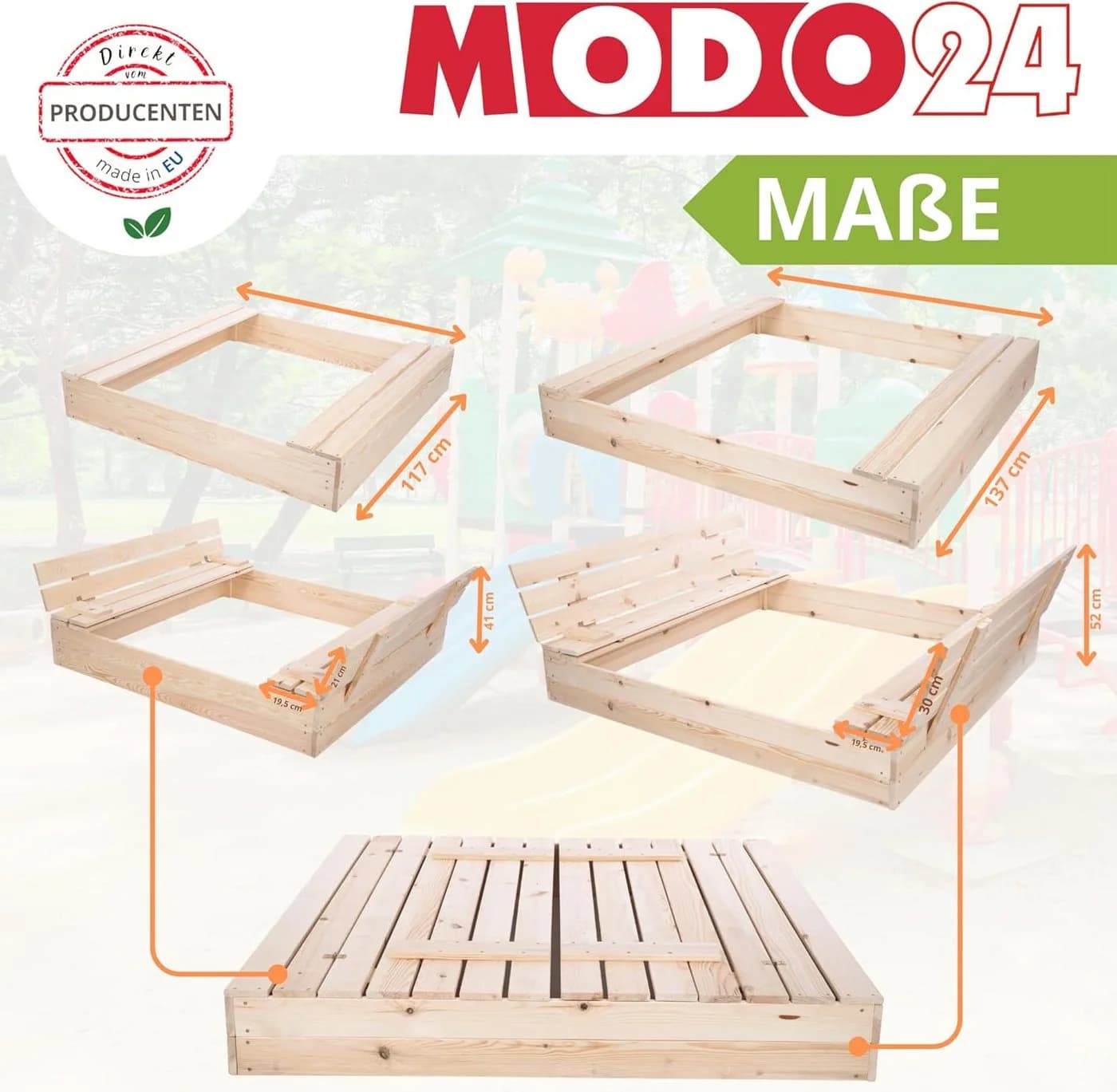 Modo24 Sandkasten mit Sitzbänken - Kiefernholz mit Abdeckplane