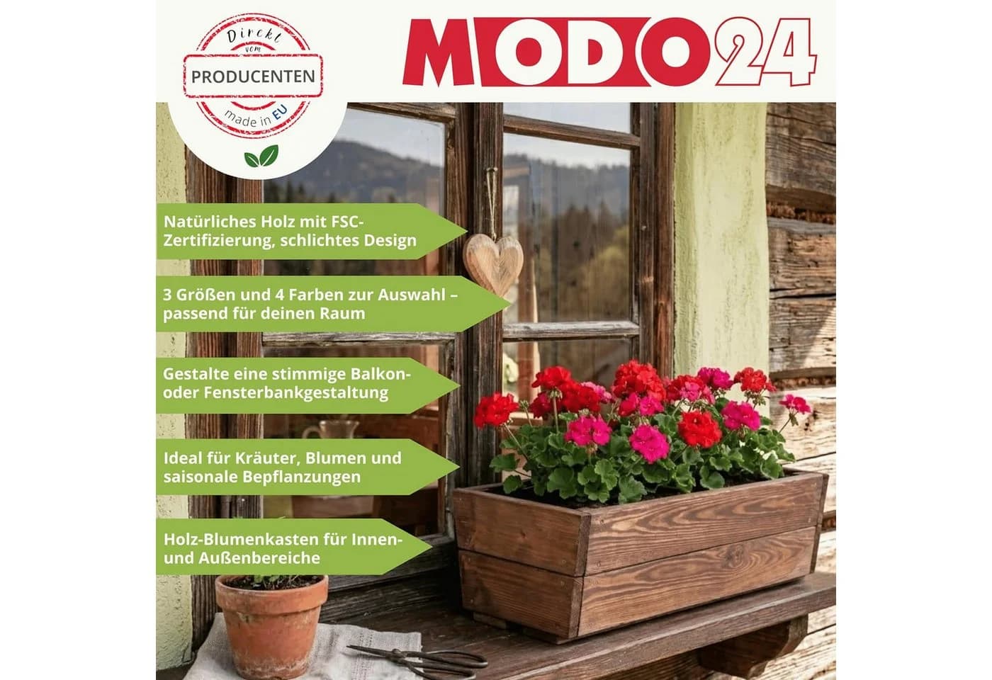 Modo24 Blumenkasten Pflanzkasten aus Kiefernholz rechteckig - Bild 3